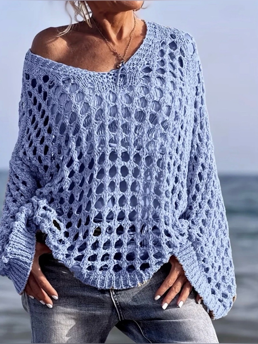 NWOT Light Blue Open-Knit Crochet Cutout All Season Sweater Top Cover-up size L